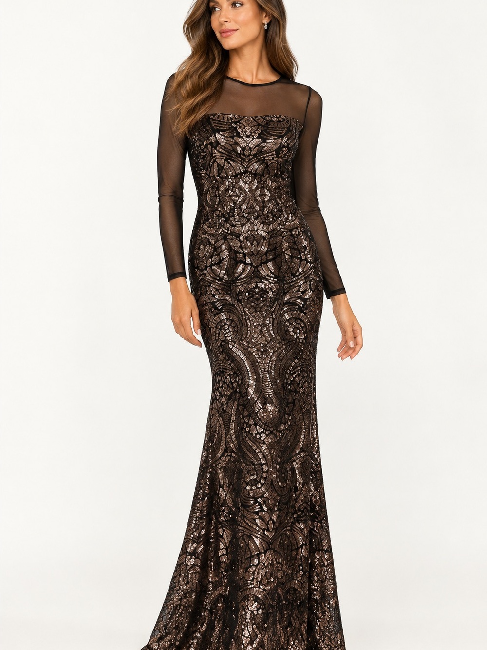 Betsy & Adam Black Bronze Sequin Mesh Long Sleeve Gown Size 4